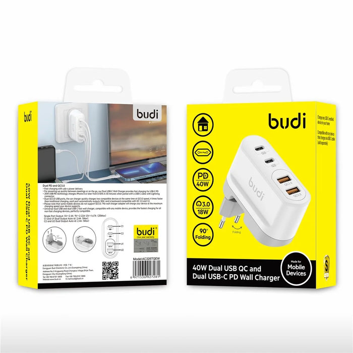 BUDI AC326TQEW 40W Travel Charger Folding 2 USB QC + 2 USB-C PD Wall Charger Multi Port Wall Charger, EU Plug - 6