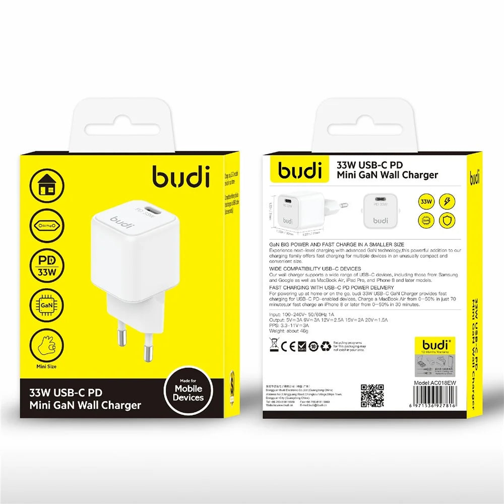 BUDI AC018EW 33W USB-C PD Mini GaN Wall Charger Single Port Fast Charging Power Adapter, EU Plug - 5