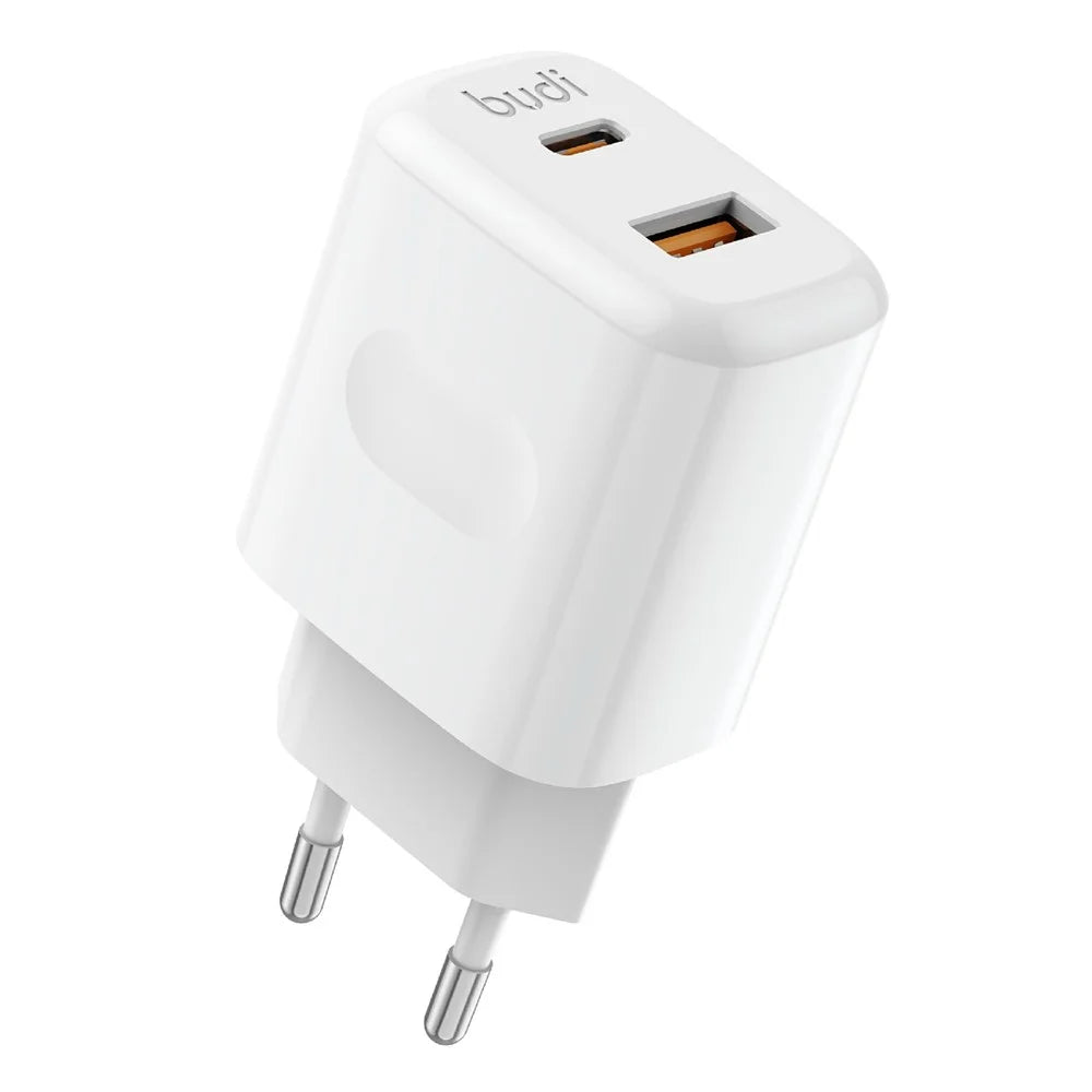 BUDI AC306EW 20W Travel Charger USB-C PD + QC3.0 Dual Port Fast Charging Wall Charger, EU Plug - 1