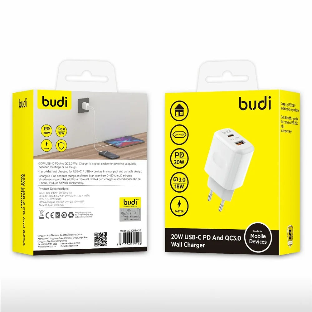 BUDI AC306EW 20W Travel Charger USB-C PD + QC3.0 Dual Port Fast Charging Wall Charger, EU Plug - 3