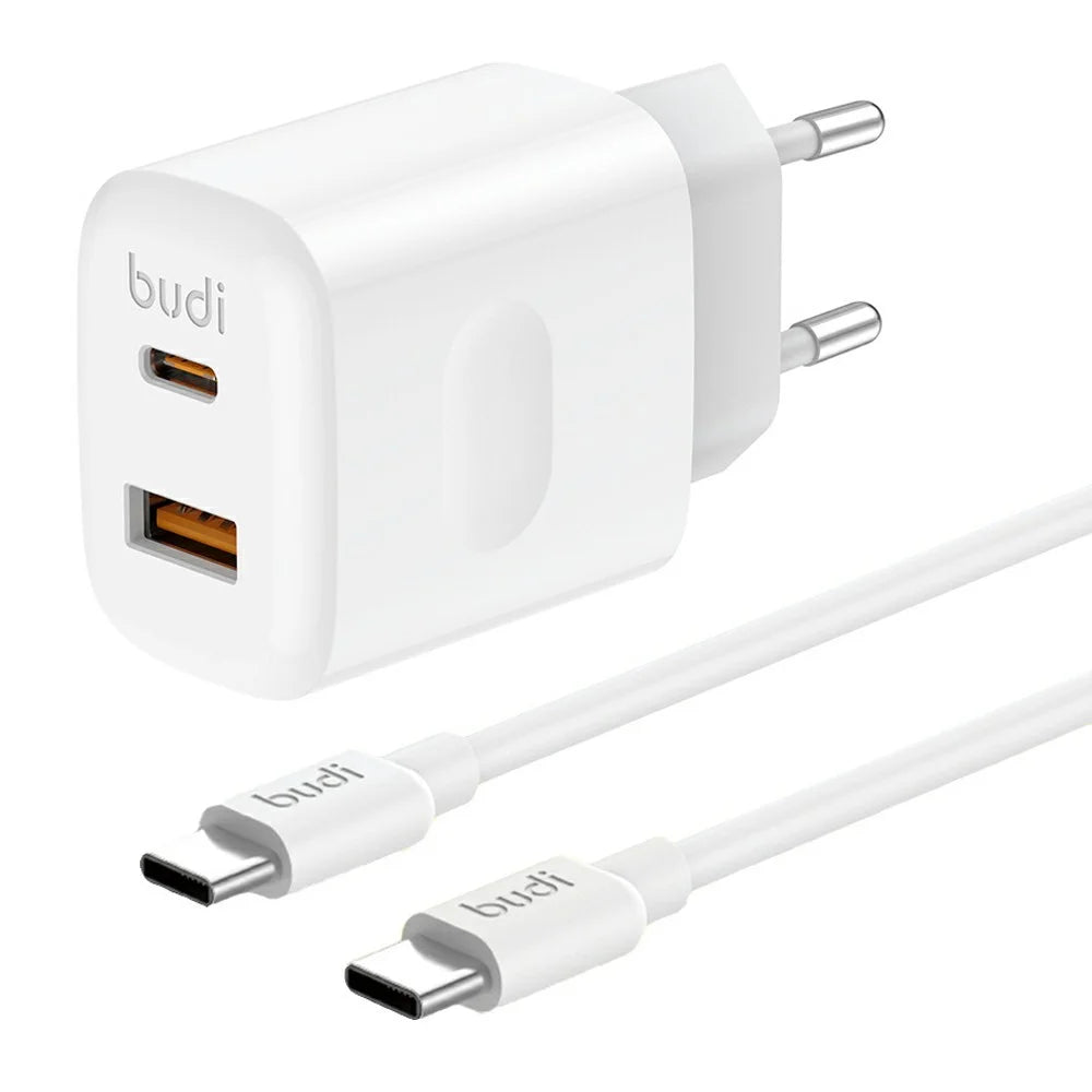 BUDI AC306ETTW 30W Travel Charger USB-A + Type-C Ports Power Adapter Set with 1.2m 65W USB-C Cable, EU Plug - 1