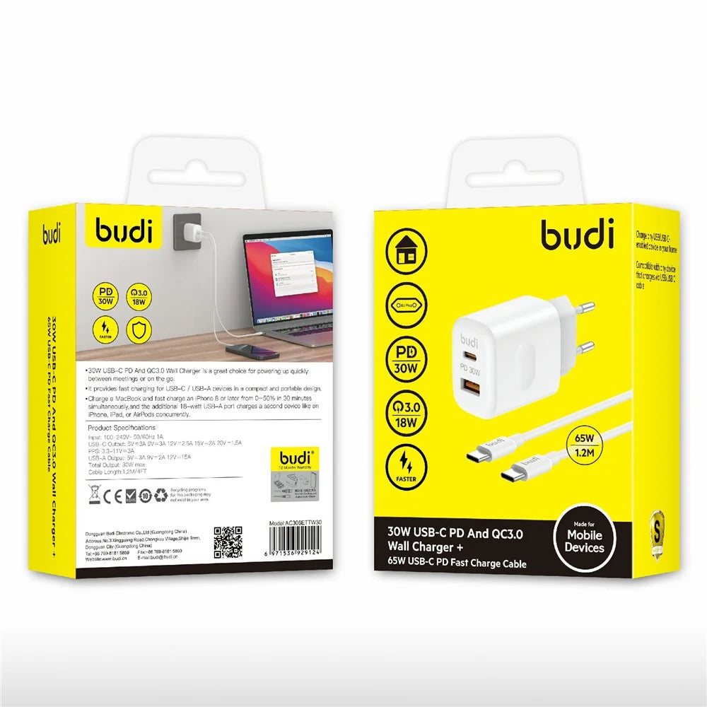 BUDI AC306ETTW 30W Travel Charger USB-A + Type-C Ports Power Adapter Set with 1.2m 65W USB-C Cable, EU Plug - 4