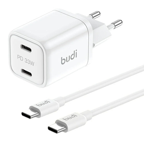 BUDI AC016RETTW 33W Dual USB-C Mini GaN Wall Charger Travel Set with 1.2M 65W USB-C Cable, EU Plug - 1