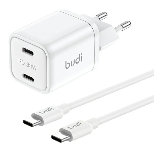 BUDI AC016RETTW 33W Dual USB-C Mini GaN Wall Charger Travel Set with 1.2M 65W USB-C Cable, EU Plug - 1