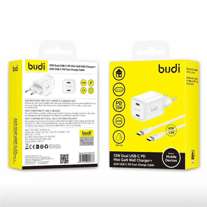 BUDI AC016RETTW 33W Dual USB-C Mini GaN Wall Charger Travel Set with 1.2M 65W USB-C Cable, EU Plug - 5