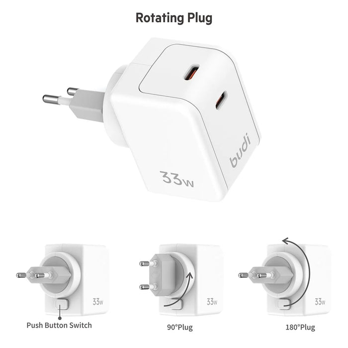 BUDI AC351EW Dual USB-C PD Wall Charger 33W Fast Charging Travel Adapter, EU Plug - 4