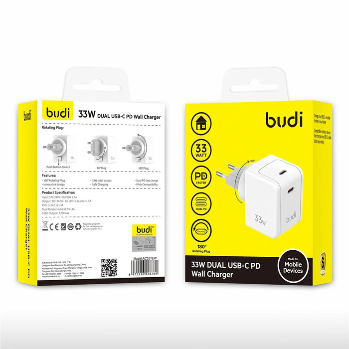 BUDI AC351EW Dual USB-C PD Wall Charger 33W Fast Charging Travel Adapter, EU Plug - 6