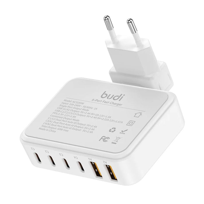 BUDI AC318EW 60W 6 Port Fast Charger 2 USB-A + 4 Type-C Travel Adapter Fast Charging with 1.5m Cable, EU Plug - 4