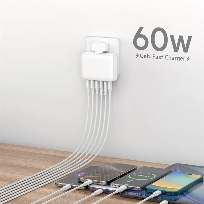 BUDI AC318EW 60W 6 Port Fast Charger 2 USB-A + 4 Type-C Travel Adapter Fast Charging with 1.5m Cable, EU Plug - 6