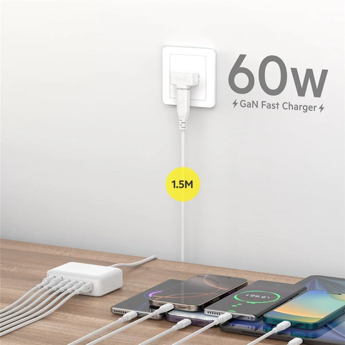 BUDI AC318EW 60W 6 Port Fast Charger 2 USB-A + 4 Type-C Travel Adapter Fast Charging with 1.5m Cable, EU Plug - 7