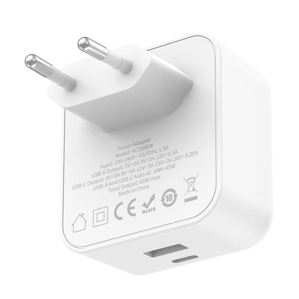 BUDI AC320EW 65W GaN Charger USB-A + USB-C Ports Fast Charging Power Adapter for Laptop / Notebook, EU Plug - 3