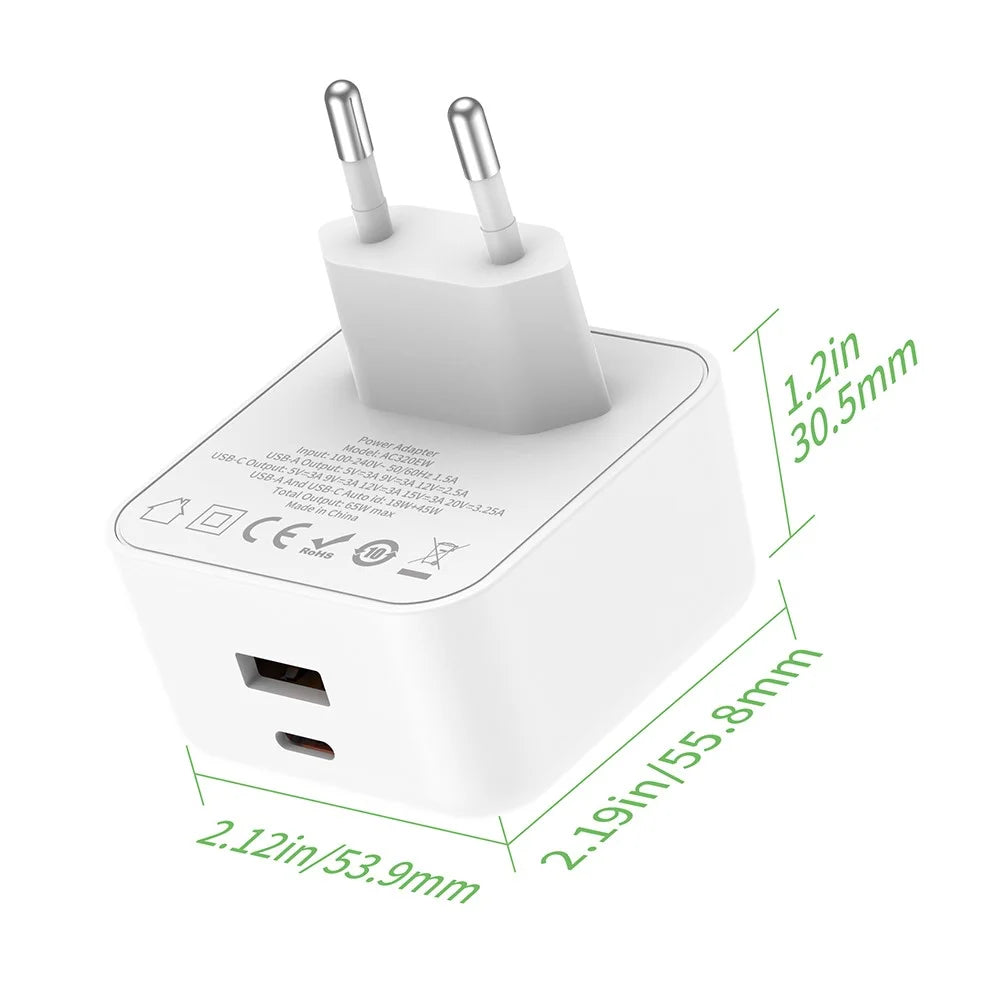 BUDI AC320EW 65W GaN Charger USB-A + USB-C Ports Fast Charging Power Adapter for Laptop / Notebook, EU Plug - 7