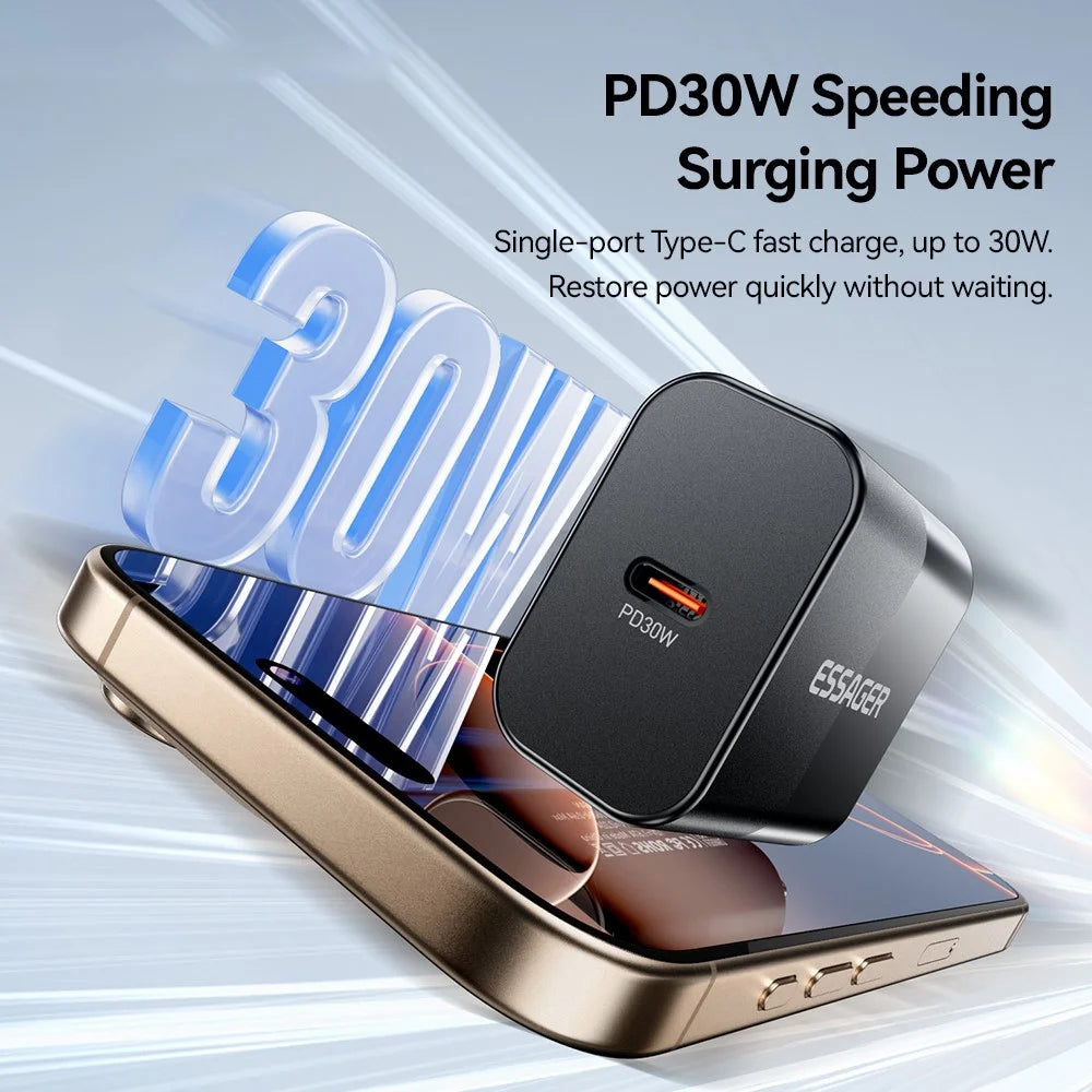 ESSAGER  ABS PD 30W Wall Charger USB-C Fast Charging Mobile Phone Adapter Safe Efficient Charger - Black  /  US Plug - 4