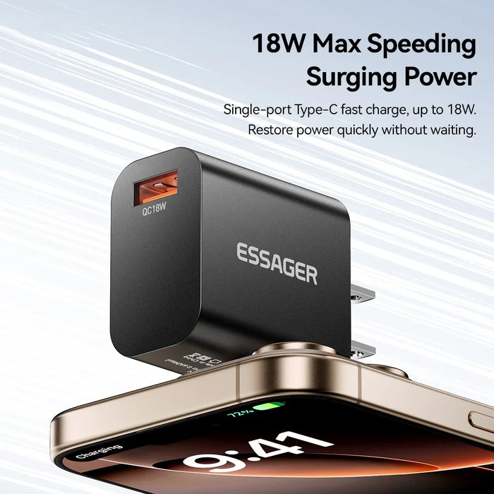 ESSAGER Max 18W Fast Charging USB Wall Charger Travel Power Adapter - Black  /  US Plug - 5