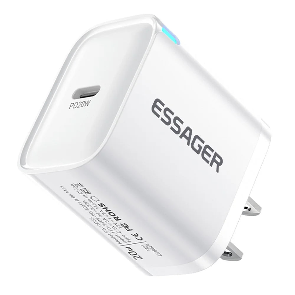 ESSAGER Max 20W USB-C Fast Charger PRO Chip Technology Power Adapter Mini Travel Charging Plug - White /  US Plug - 3