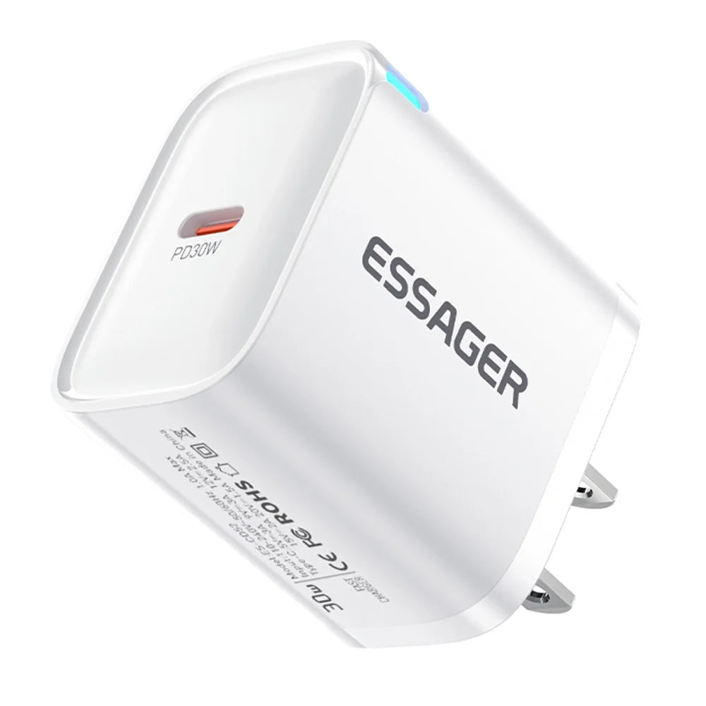 ESSAGER Max 30W USB-C Fast Charger PRO Chip Technology Power Adapter Mini Travel Charging Plug - White  /  US Plug - 3