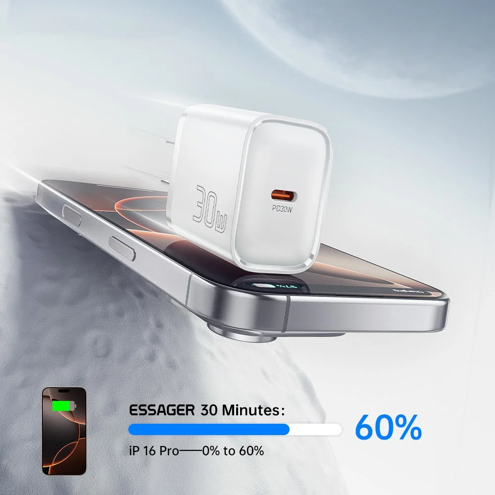 ESSAGER Max 30W USB-C Fast Charger PRO Chip Technology Power Adapter Mini Travel Charging Plug - White  /  US Plug - 6