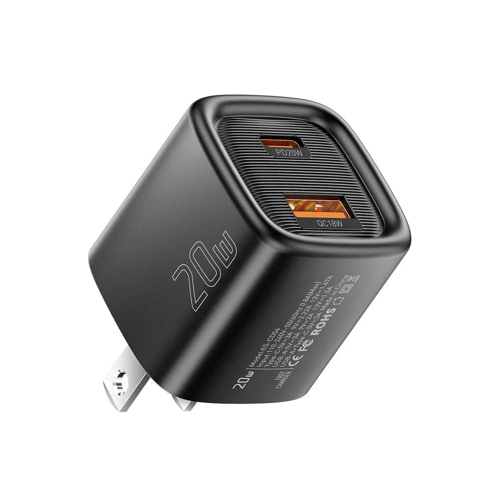 ESSAGER Max 20W Travel Charger Dual Port USB A + Type C Fast Charging Smart Temperature Control - Black  /  US Plug - 2