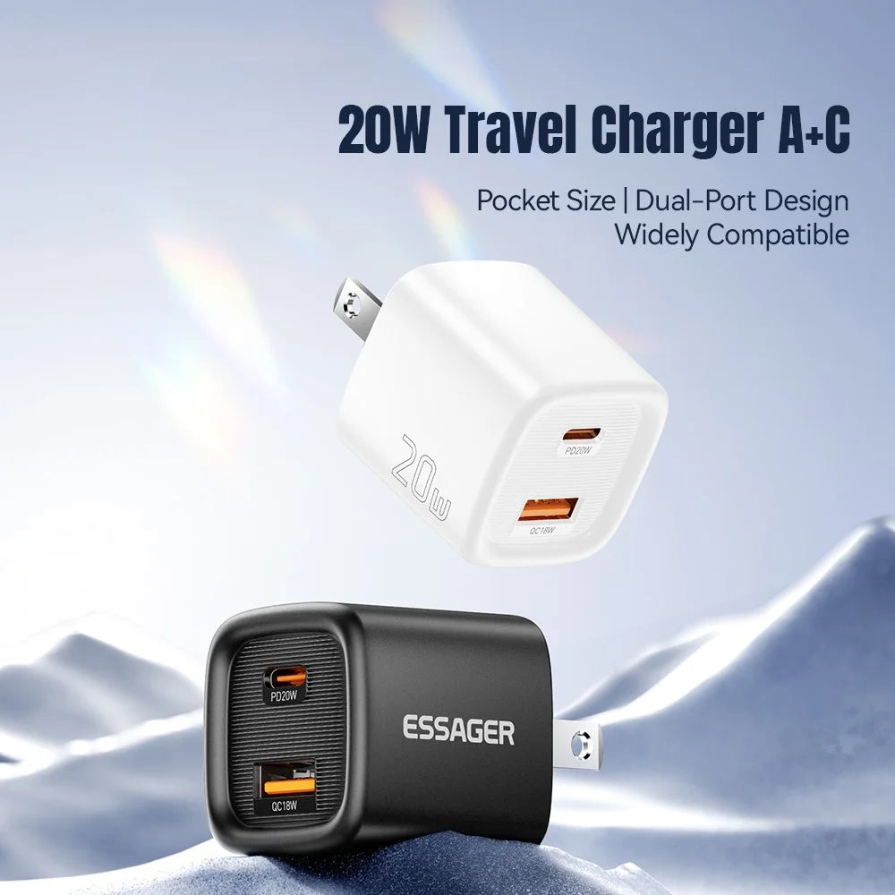 ESSAGER Max 20W Travel Charger Dual Port USB A + Type C Fast Charging Smart Temperature Control - Black  /  US Plug - 5