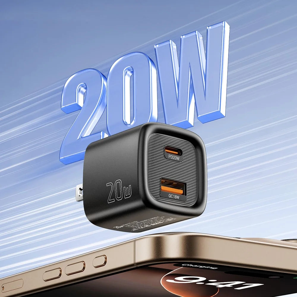 ESSAGER Max 20W Travel Charger Dual Port USB A + Type C Fast Charging Smart Temperature Control - Black  /  US Plug - 6