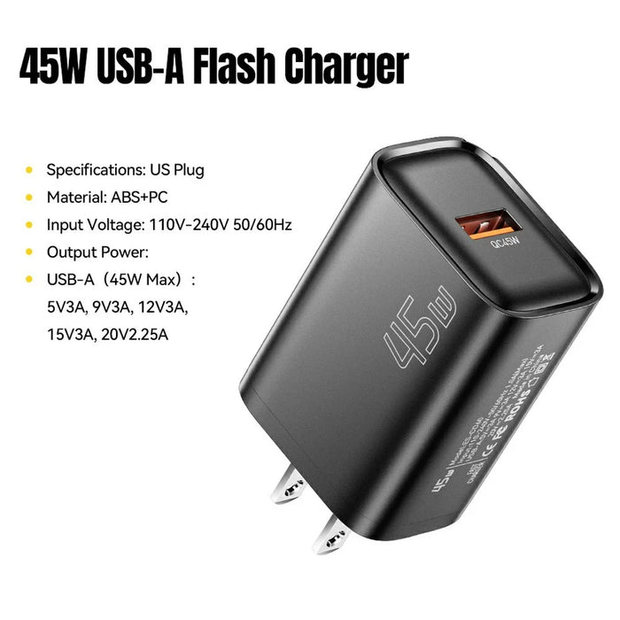 ESSAGER Max 45W USB-A Fast Charger Smart Temperature Control Power Wall Charger Adapter Portable - Black  /  US Plug - 2