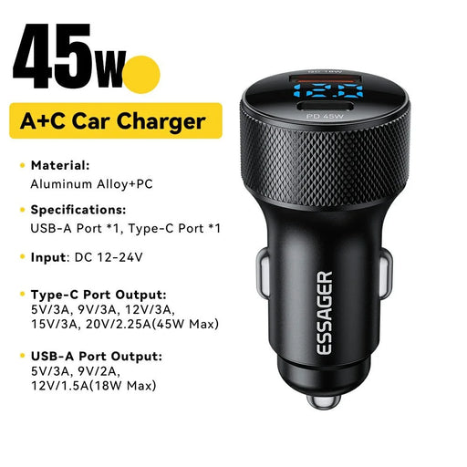 ESSAGER PD 45W Aluminum Alloy Car Charger USB-A  /  Type-C Dual Port PD3.0  /  QC3.0 Fast Charging Adapter - Black - 2