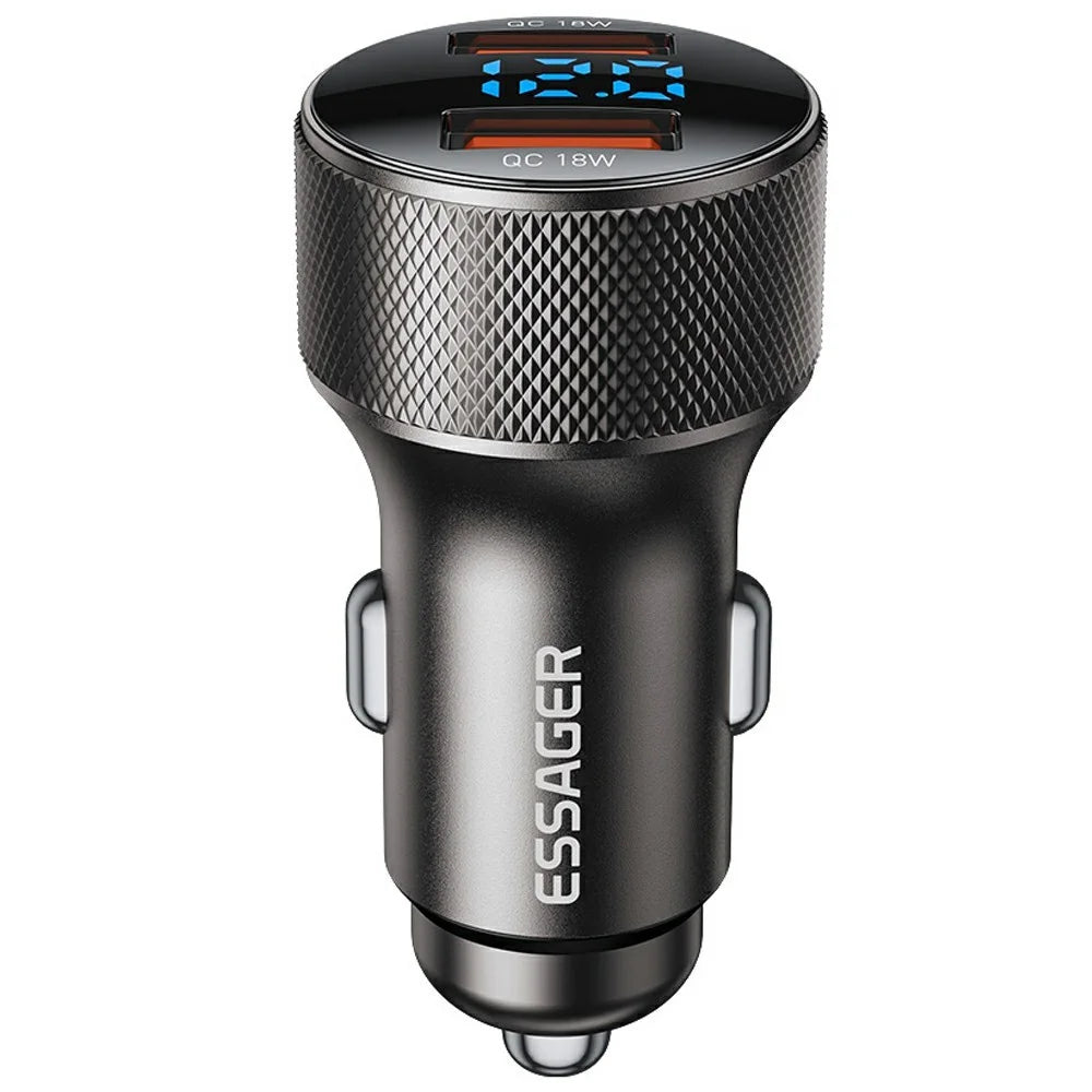 ESSAGER PD 36W Aluminum Alloy Fast Charging Car Charger Dual QC3.0 Digital Display Power Adapter - Grey - 1