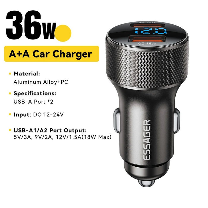 ESSAGER PD 36W Aluminum Alloy Fast Charging Car Charger Dual QC3.0 Digital Display Power Adapter - Grey - 2