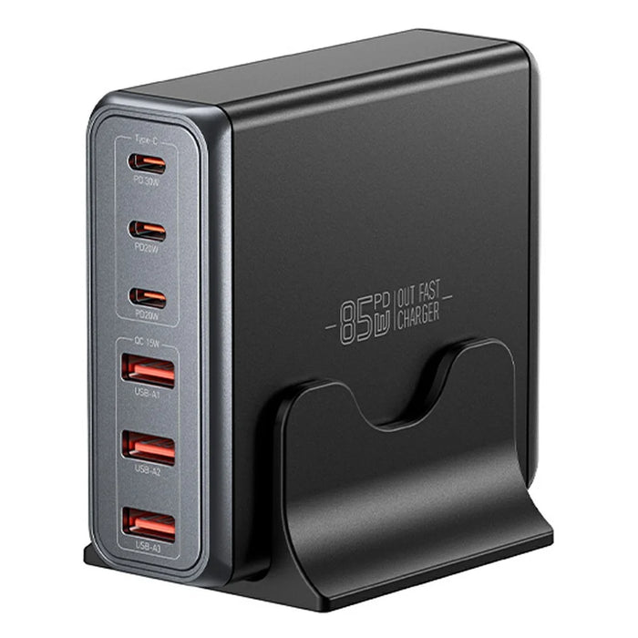 ESSAGER 85W GaN Desktop Charger 3 Type-C + 3 USB-A Multi Device Fast Charging Power Adapter - Black  /  US Plug - 1