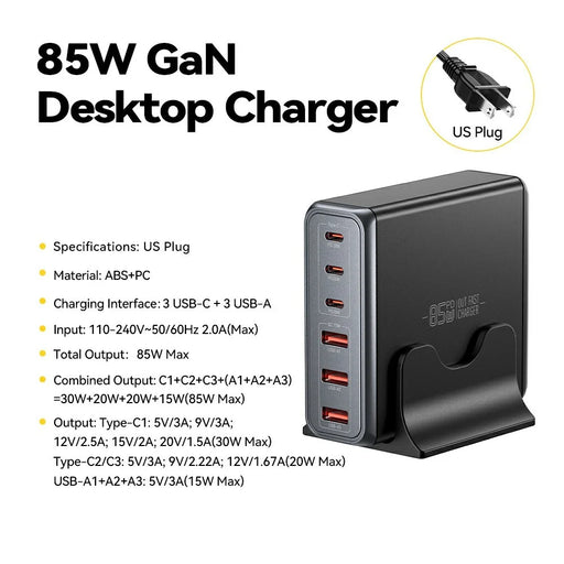 ESSAGER 85W GaN Desktop Charger 3 Type-C + 3 USB-A Multi Device Fast Charging Power Adapter - Black  /  US Plug - 2
