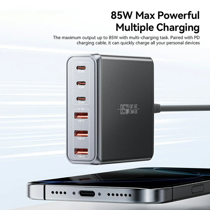 ESSAGER 85W GaN Desktop Charger 3 Type-C + 3 USB-A Multi Device Fast Charging Power Adapter - Black  /  US Plug - 4