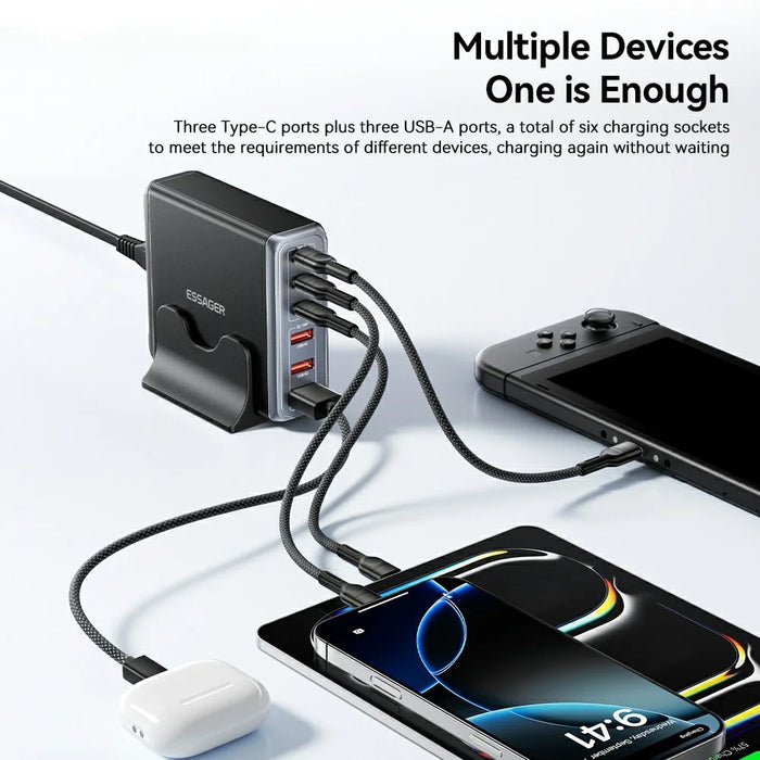 ESSAGER 85W GaN Desktop Charger 3 Type-C + 3 USB-A Multi Device Fast Charging Power Adapter - Black  /  US Plug - 6