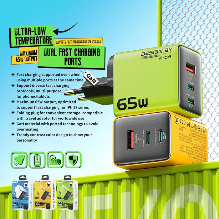 WEKOME WP-U45 65W GaN Charger Fast Charging Power Adapter with Multiple Ports - Green  /  EU Plug - 2