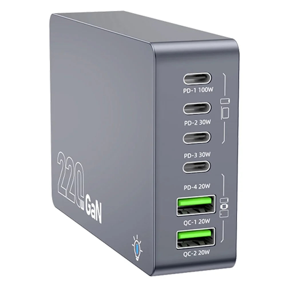 WLX-F8A Desktop Charging Station 6-Port GaN PD 220W (Actual Power 100W) USB-C Fast Charger Adapter - US Plug - 1