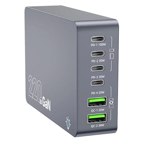 WLX-F8A Desktop Charging Station 6-Port GaN PD 220W (Actual Power 100W) USB-C Fast Charger Adapter - US Plug - 1