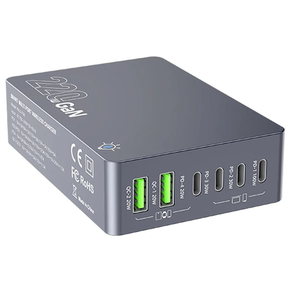 WLX-F8A Desktop Charging Station 6-Port GaN PD 220W (Actual Power 100W) USB-C Fast Charger Adapter - US Plug - 2