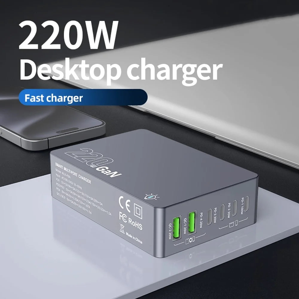 WLX-F8A Desktop Charging Station 6-Port GaN PD 220W (Actual Power 100W) USB-C Fast Charger Adapter - US Plug - 4