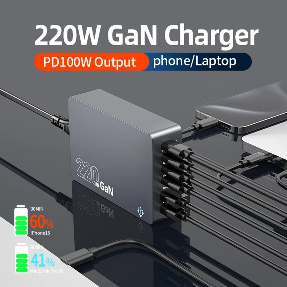 WLX-F8A Desktop Charging Station 6-Port GaN PD 220W (Actual Power 100W) USB-C Fast Charger Adapter - US Plug - 5