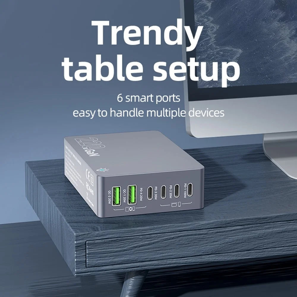 WLX-F8A Desktop Charging Station 6-Port GaN PD 220W (Actual Power 100W) USB-C Fast Charger Adapter - US Plug - 7
