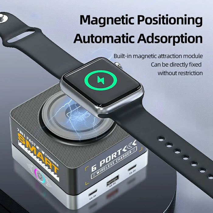 WLX-R8C 7 in 1 65W PD QC Magnetic Wireless Desktop Charger 80W USB-C Charging Station Smart Power Adapter - US Plug - 7
