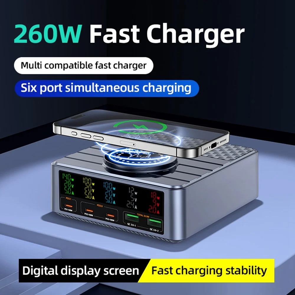 WLX-F2 260W QC4.0 GaN Desktop Fast Charger 140W PD3.1 Wireless Charging Station with Digital Display for Laptop Tablet - US Plug - 4