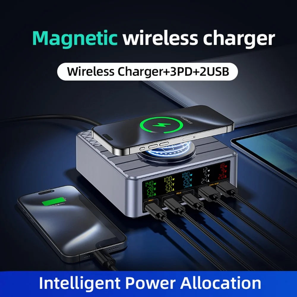 WLX-F2 260W QC4.0 GaN Desktop Fast Charger 140W PD3.1 Wireless Charging Station with Digital Display for Laptop Tablet - US Plug - 5