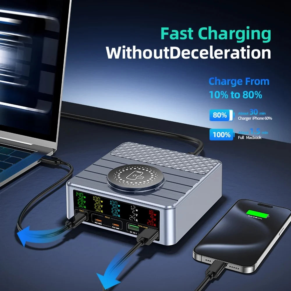 WLX-F2 260W QC4.0 GaN Desktop Fast Charger 140W PD3.1 Wireless Charging Station with Digital Display for Laptop Tablet - US Plug - 7