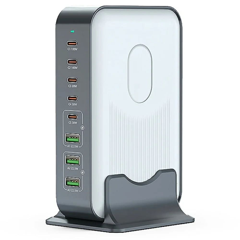 WLX-F8B 200W Desktop Charging Station with Base, 8-Port GaN USB-C PD 100W Fast Charger Adapter for Laptops / Tablets / Phones - US Plug - 1