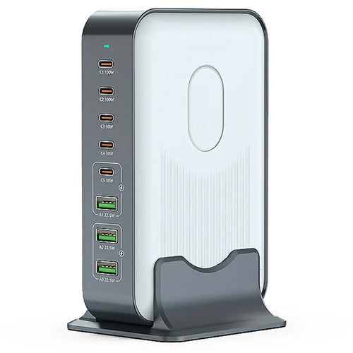 WLX-F8B 200W Desktop Charging Station with Base, 8-Port GaN USB-C PD 100W Fast Charger Adapter for Laptops / Tablets / Phones - US Plug - 1