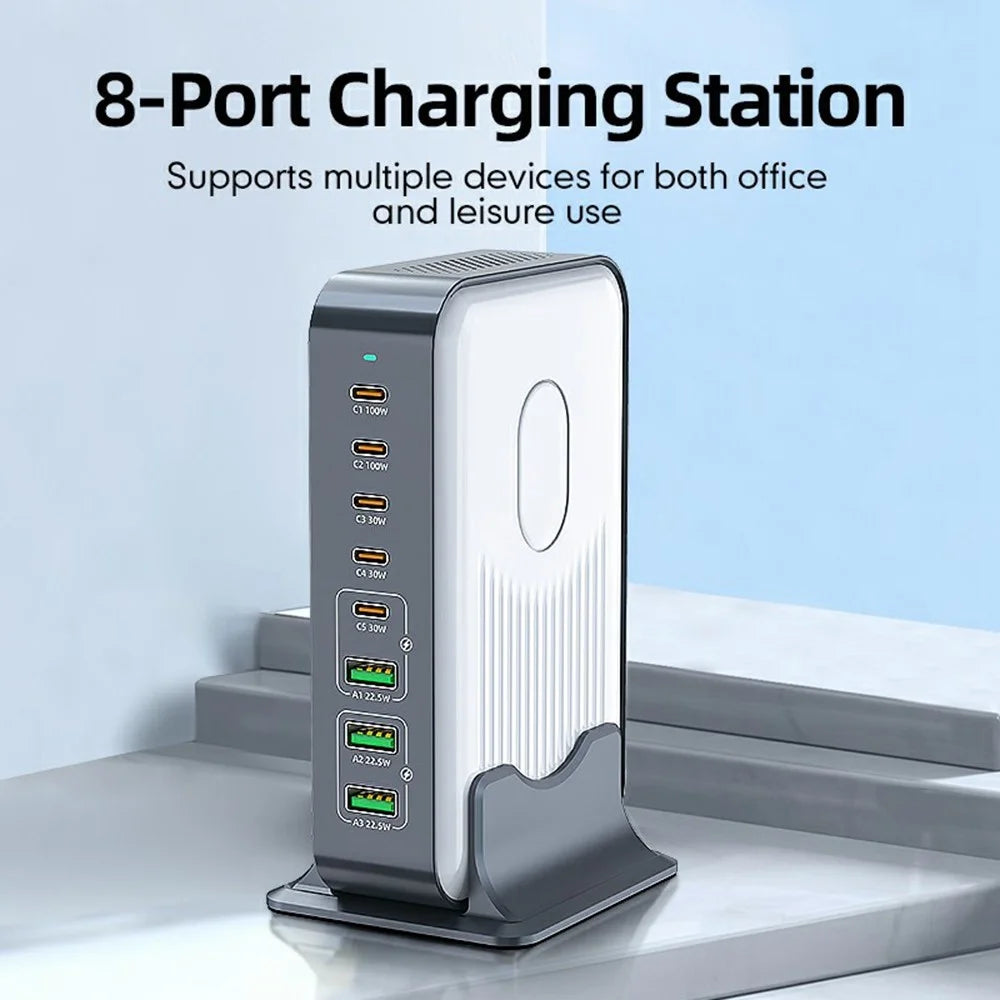 WLX-F8B 200W Desktop Charging Station with Base, 8-Port GaN USB-C PD 100W Fast Charger Adapter for Laptops / Tablets / Phones - US Plug - 3