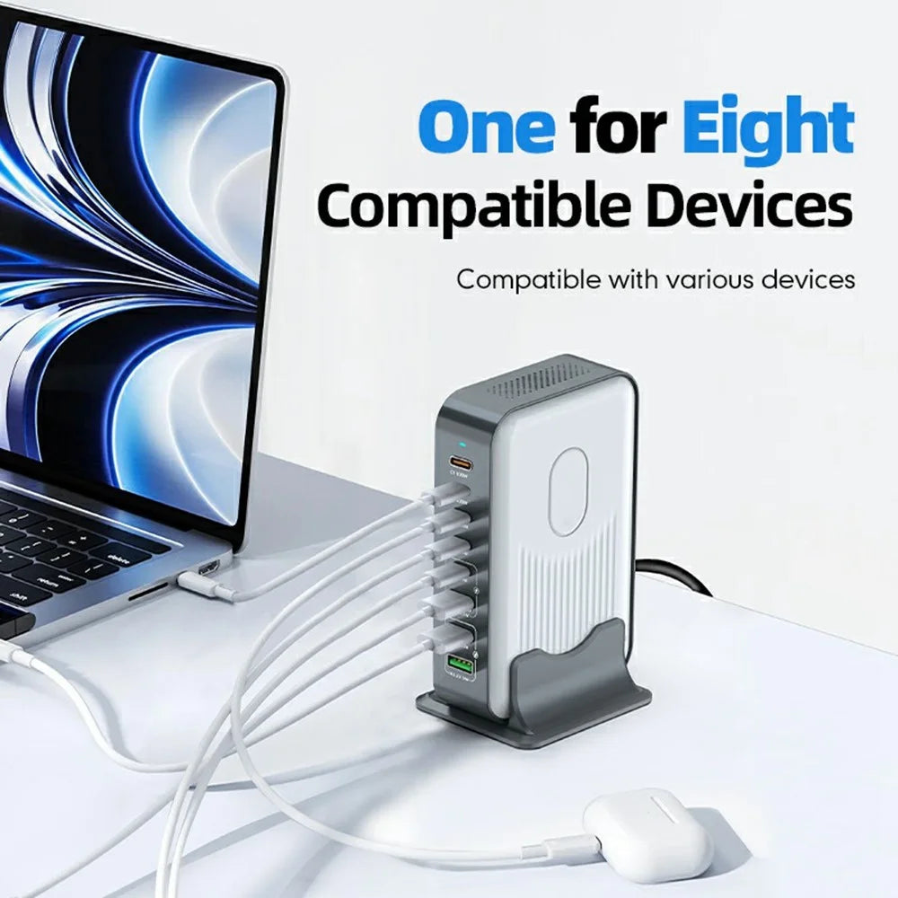 WLX-F8B 200W Desktop Charging Station with Base, 8-Port GaN USB-C PD 100W Fast Charger Adapter for Laptops / Tablets / Phones - US Plug - 4