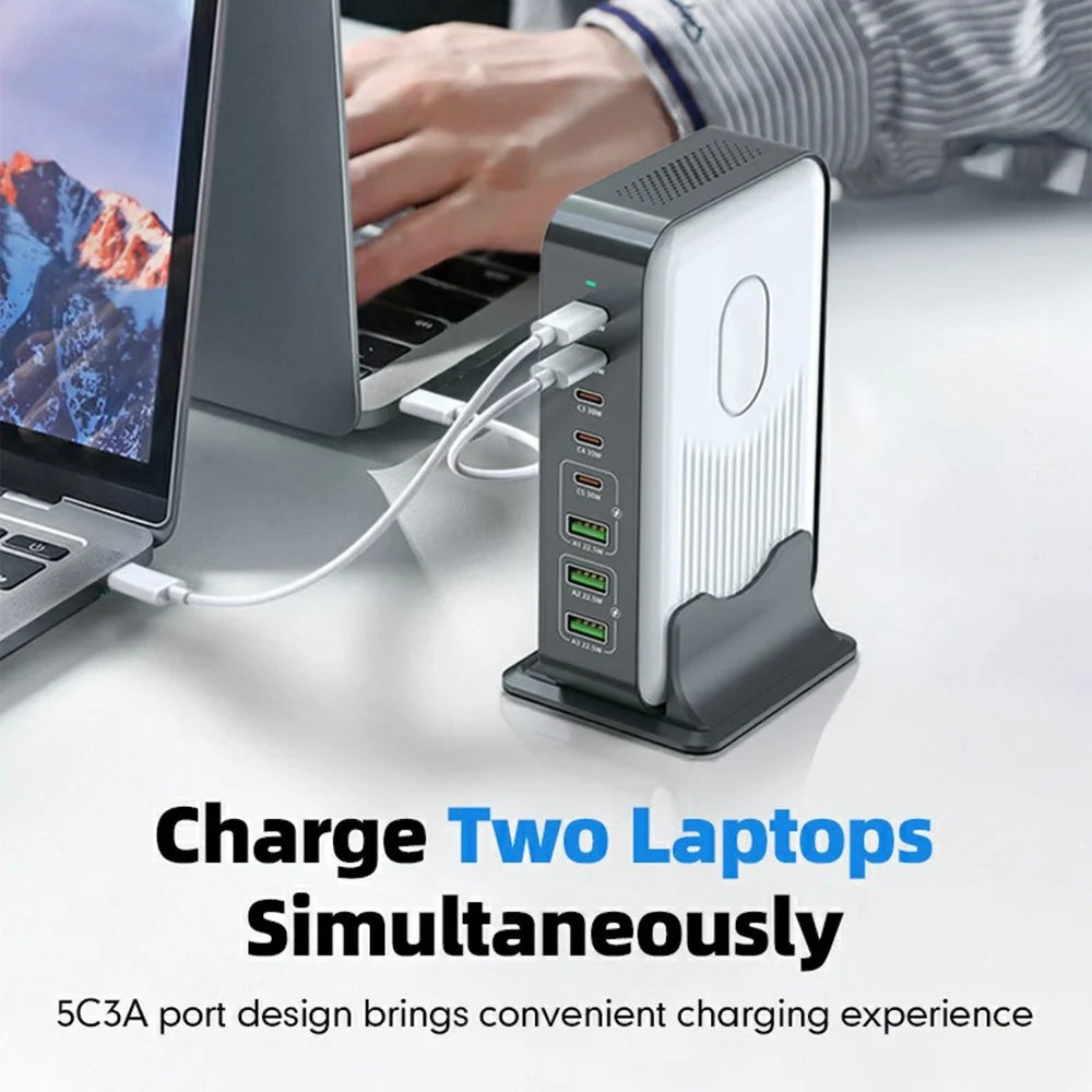 WLX-F8B 200W Desktop Charging Station with Base, 8-Port GaN USB-C PD 100W Fast Charger Adapter for Laptops / Tablets / Phones - US Plug - 5
