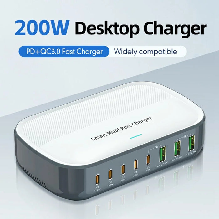 WLX-F8C 200W Desktop Charging Station 8-Port GaN USB-C PD 100W Charger Adapter for Laptops / Tablets / Phones Fast Charging Hub - US Plug - 3