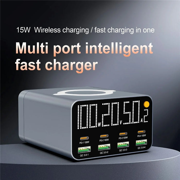 WLX-M1 120W Desktop Charger Adapter with Wireless Charging, 8 Port GaN USB C PD 100W Charging Station - US Plug - 3